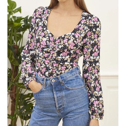 Women 2024 Floral Printed Square Neck Puff Sleeve Blouse Shi