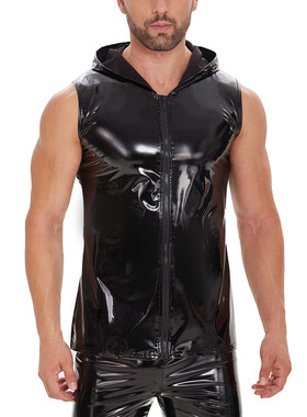Men's Mirrored Leather Vest, Bright Leather Hooded Sleeveles