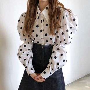 cute niche sleeve puff lapel dot polka girl French Autumn