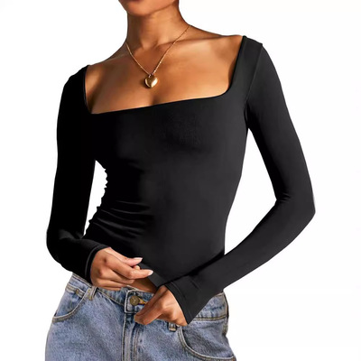 S32196 Women's Long-sleeved Solid Color Navel-baring Square