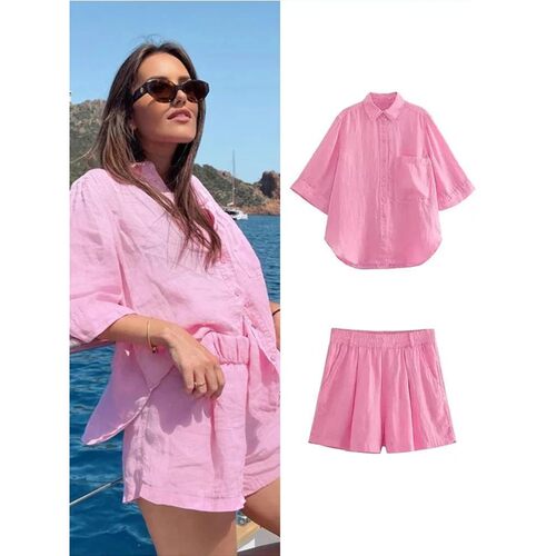 Fashion Cotton Linen Shorts Sets Women Summer Solid Single B