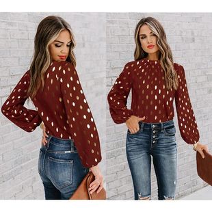 Women Shirts Blouses Polka Cotton Ladies Dot Work Red Formal
