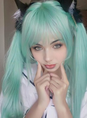 Female Mint Green Long Straight Hair With B Simulation Headg