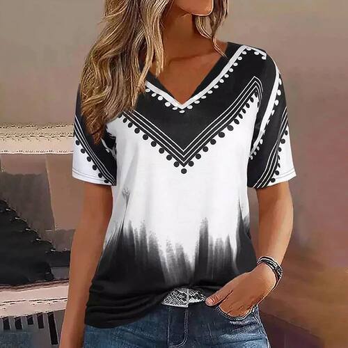 Fashion Women T Shirt Stripes Print Gradient V Neck Short Sl