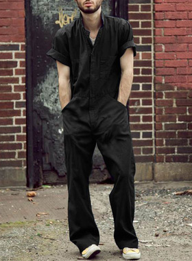 Men's Multi-pocket Design Overalls With Lapel, Loose Fit, So