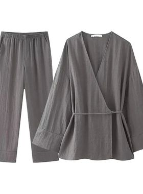 Aoaiiys Grey Pants Sets Women Fashion Two Piece Set Lace Up