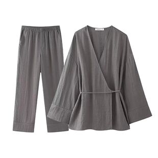 Aoaiiys Grey Pants Sets Women Fashion Two Piece Set Lace Up