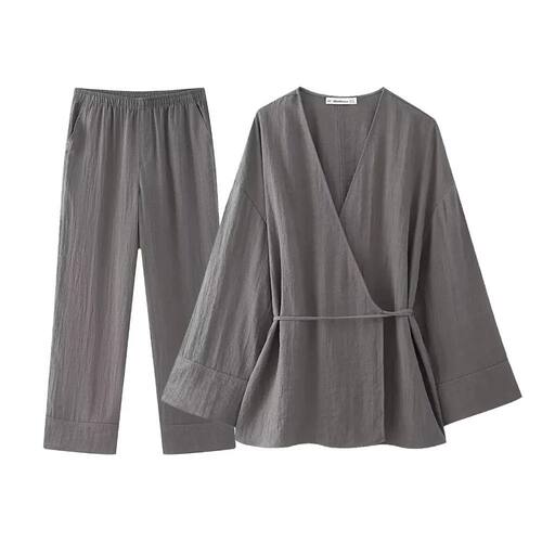 Aoaiiys Grey Pants Sets Women Fashion Two Piece Set Lace Up