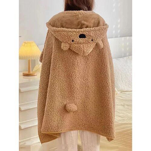 Bear Hooded Throw Blanket Winter Bear Fleece Shawl Cloak War