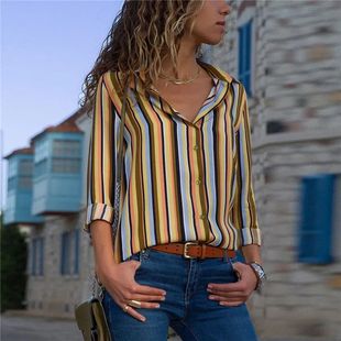 Fashion Ladies Button Printing Lon Neck Blouses Women Chic