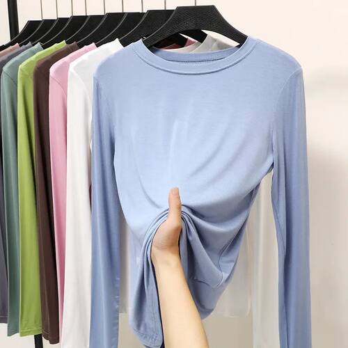 Modal Solid Basic Tshirt O Neck Long Sleeves Women Autumn Bo