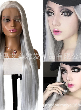 Temperament Long Straight Hair Front Lace 13*4 Silver Gray s