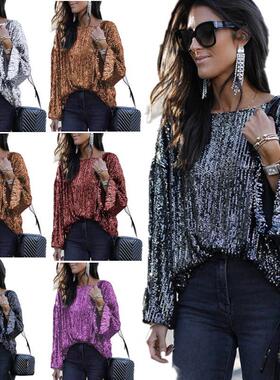 2024 Loose Round Neck Top Sequined Long-sleeved T-shirt For