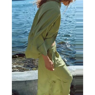 Solid Lace Up Shirts Shorts Set Women Full Sleeve V-neck Top