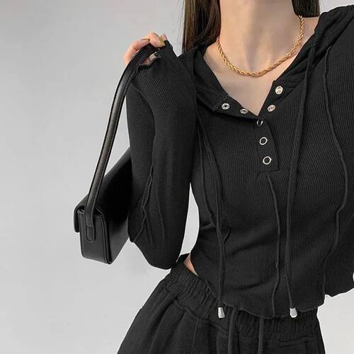 Rimocy Hooded Button Up Crop Top Women Autumn Winter Slim Fi