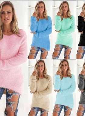 Women Warm Sweater Solid Color O Neck Loose Cotton Knitted P