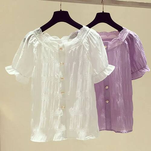 Chic Chiffon Blouse Women 2024 Summer Purple ops Vintage Puf
