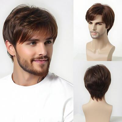 Men's Short Straight Hair Slanted B Chemical Fiber Hair Full