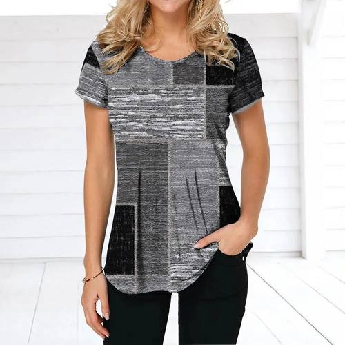 Retro Women's T-shirt Plaid Print Tees Patchwork Clothes O N