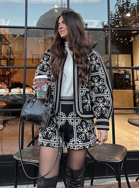 Elegant Print Coat Shorts Sets Women Loose O-neck Lantern Ca