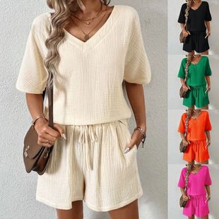 Fashion Casual Summer Shor Color Vacation Solid Women Suit