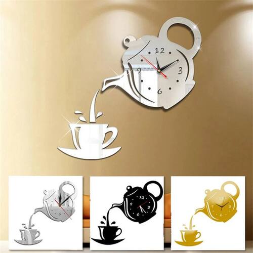 3D DIY Teapot Shape Wall Clock Acrylic Mirror Clock Modern K