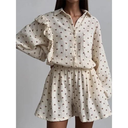 Cotton Linen Print Shorts Suit Women Ruffles Single Breasted