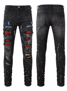 Rendamiri High Sreet Tide Brand Jeans Black Hole Patch Red D