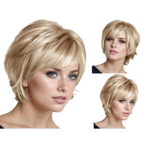 Lady's Short Straight Hair, Fluffy Oblique B, Golden White,