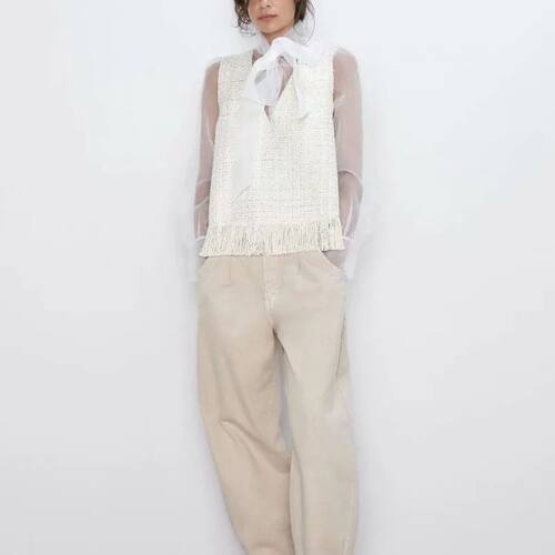 ZA 2024 Fall New Elegant Full Eleeve Mesh Stitching Twill So