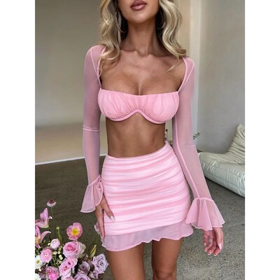 Mozision Mesh Sexy Dress Set Women Strapless Full Sleeve Cro