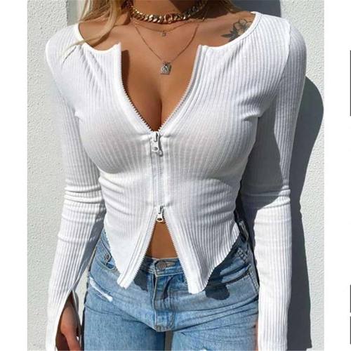 Women T-shirt Spring Autumn Clothes Ribbed Knitted Long Slee