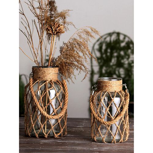 Rustic Hanging Glass Vase Rope Net Dry Flower Glass Vase wit