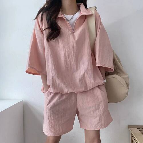 Solid Women's Sports Suit Turn-Down Collar Half Sleeve ops A
