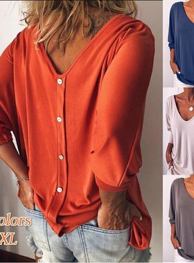 Women's Bat V-neck Three-quarter Sleeves Back Button T-shirt