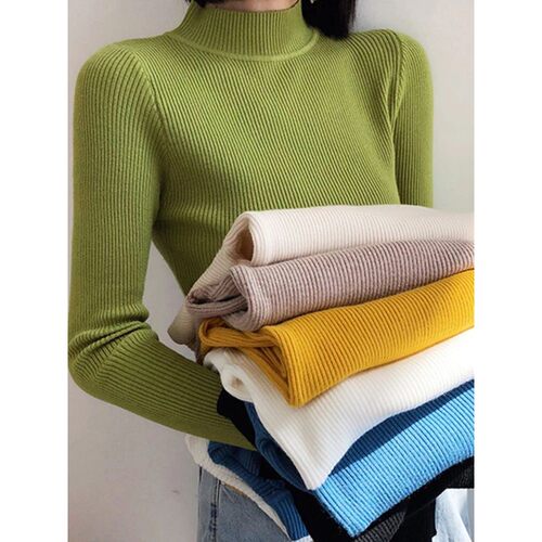 Autumn Winter Mock Neck Women Sweater Vintage Basic Solid Kn