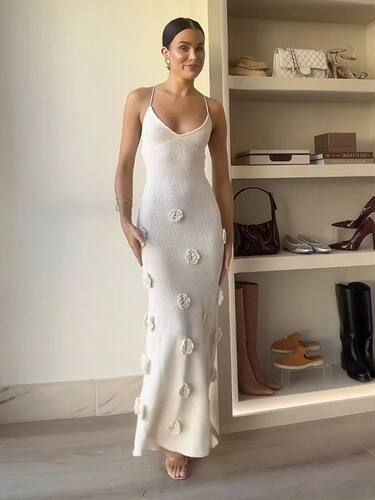 Women Elegant 3d Flower Sling Maxi Dress Fashion V-neck Slee