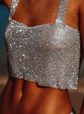 Bling Rhinestones Party Crop Top 2024Fashion Solid Backless