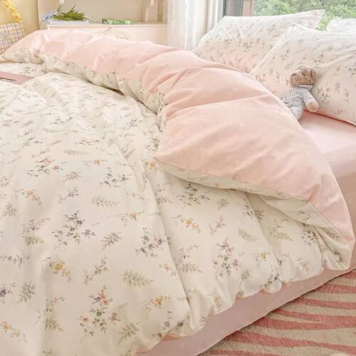 Ins Pink Flowers Bedding Set Fashion Flat Sheet Duvet ver No