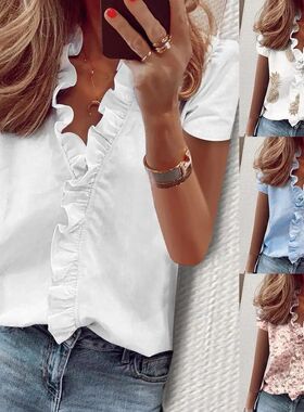 Summer Breathable Women Lady Shirt Short Sleeve V Neck Ruffl