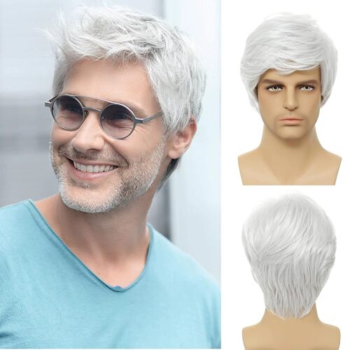 Men's White Side-parted Short Straight Hair Fashionable Chem
