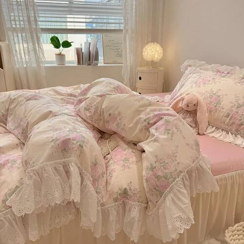 4Pcs Vintage Floral 100%Cotton Soft Bedding Set White Lace a
