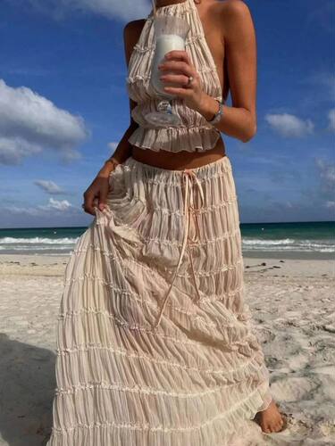 Summer New Backless Ruched White Dress Sets  Sexy Halter Sho
