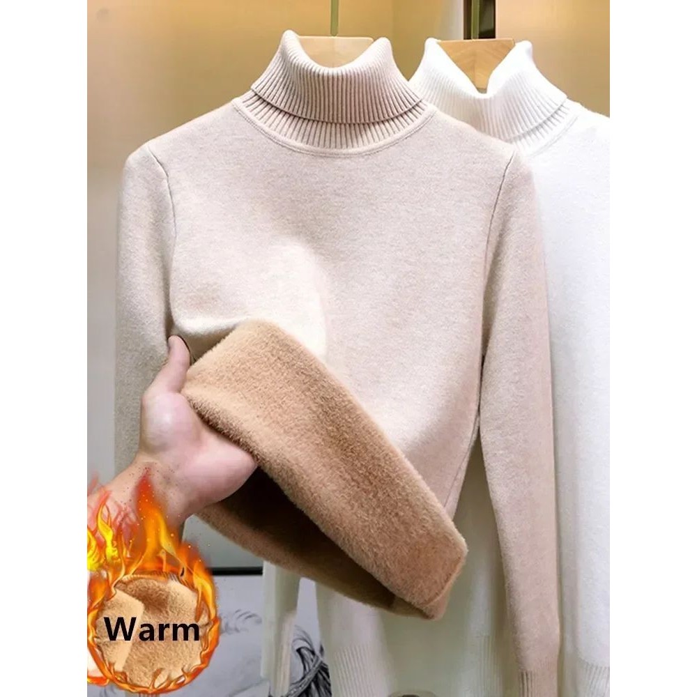 Turtleneck Winter Sweater Women Elegant Thicken Velvet Lined
