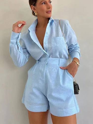 Women Summer Shorts Sets Long Sleeve Blouses with Short Pant