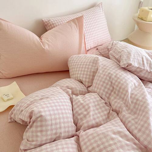 Simple Pink Stripe Bedding Set Washed Cotton Bed Flat Sheet