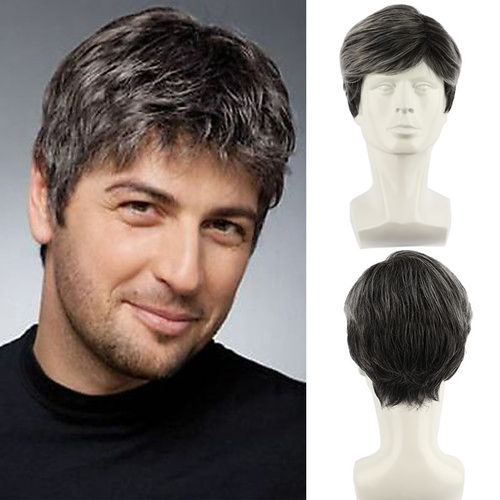 Men's Gray And  Fluffy Short Straight Hair Chemical Fiber El