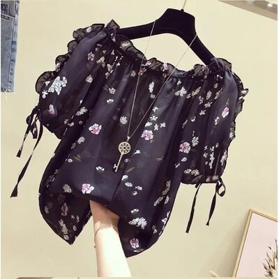 Fashion women blouses 2024 Ruffled print chiffon blouse shir