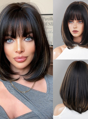 Female Shoulder-length Bob Short Straight Hair  Gold Highlig