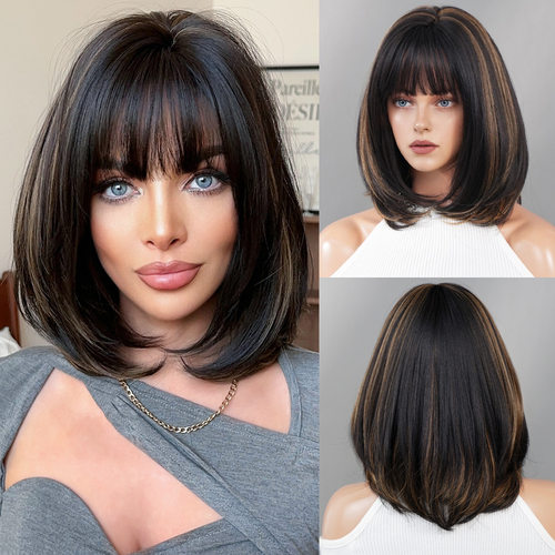 Female Shoulder-length Bob Short Straight Hair  Gold Highlig
